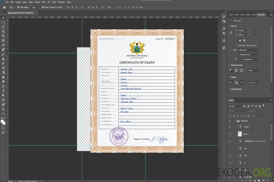 Modèle PSD de certificat de décès de l'état civil du Ghana template Modèle PSD de certificat de décès de l'état civil du Ghana template